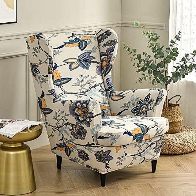 Funda De Sillón Orejero Elástica De 2 Piezas con Funda De Cojín En T,Funda De Sillón Antideslizante Estampada,para Sala De Estar,Hotel,Dormitorio (Flor De Amapola De Maíz)