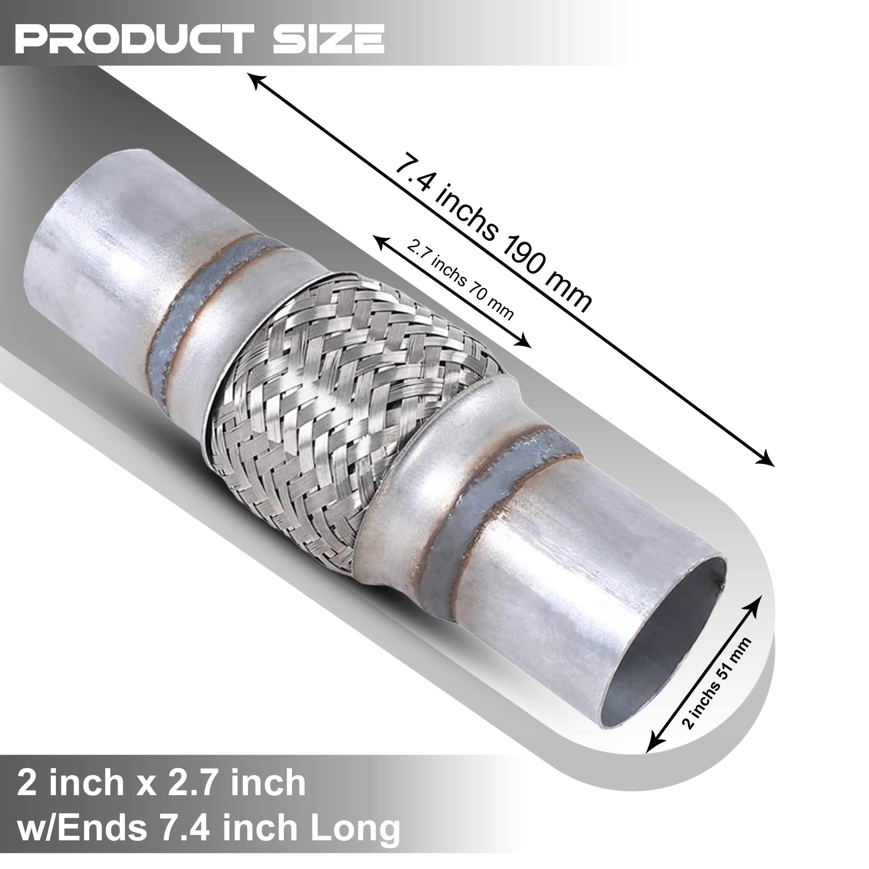 Monlion 51 x 70 Exhaust Flex Pipe | Double Braided Stainless Steel | Universal Weld-On Replacement