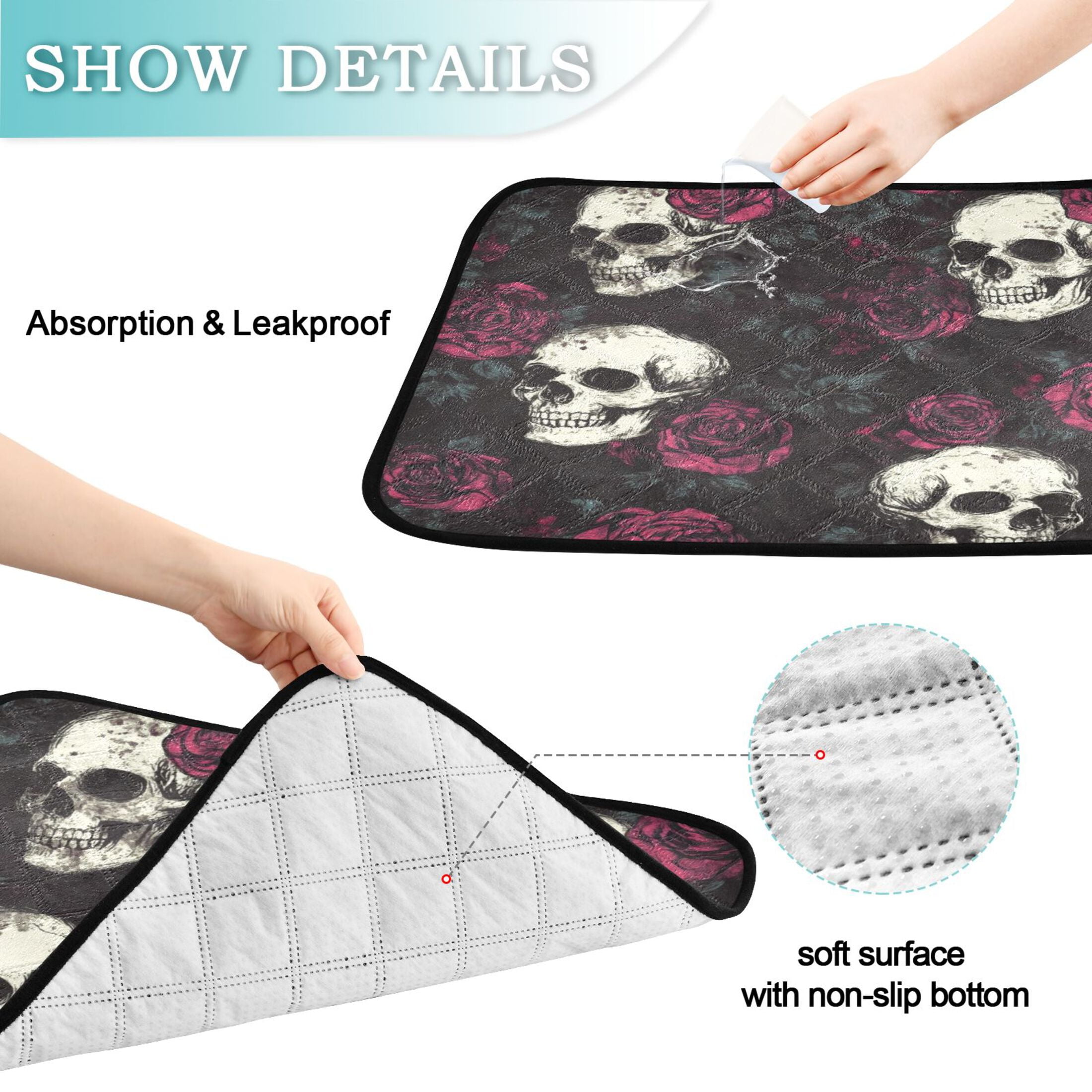 Qxltty Skull Burgundy Roses Pattern Cat litter Pads Pet Set of 3 Diaper Mats Center Anti-leakage Layer Absorbent Soft and Comfortable