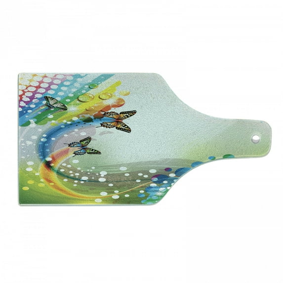 Colorful Cutting Board, Trippy Flying Butterflies with Colored Comet Bubbles Creative Design, Decorative Tempered Glass Cutting and Serving Board, Wine Bottle Shape, Multicolor, by Ambesonne