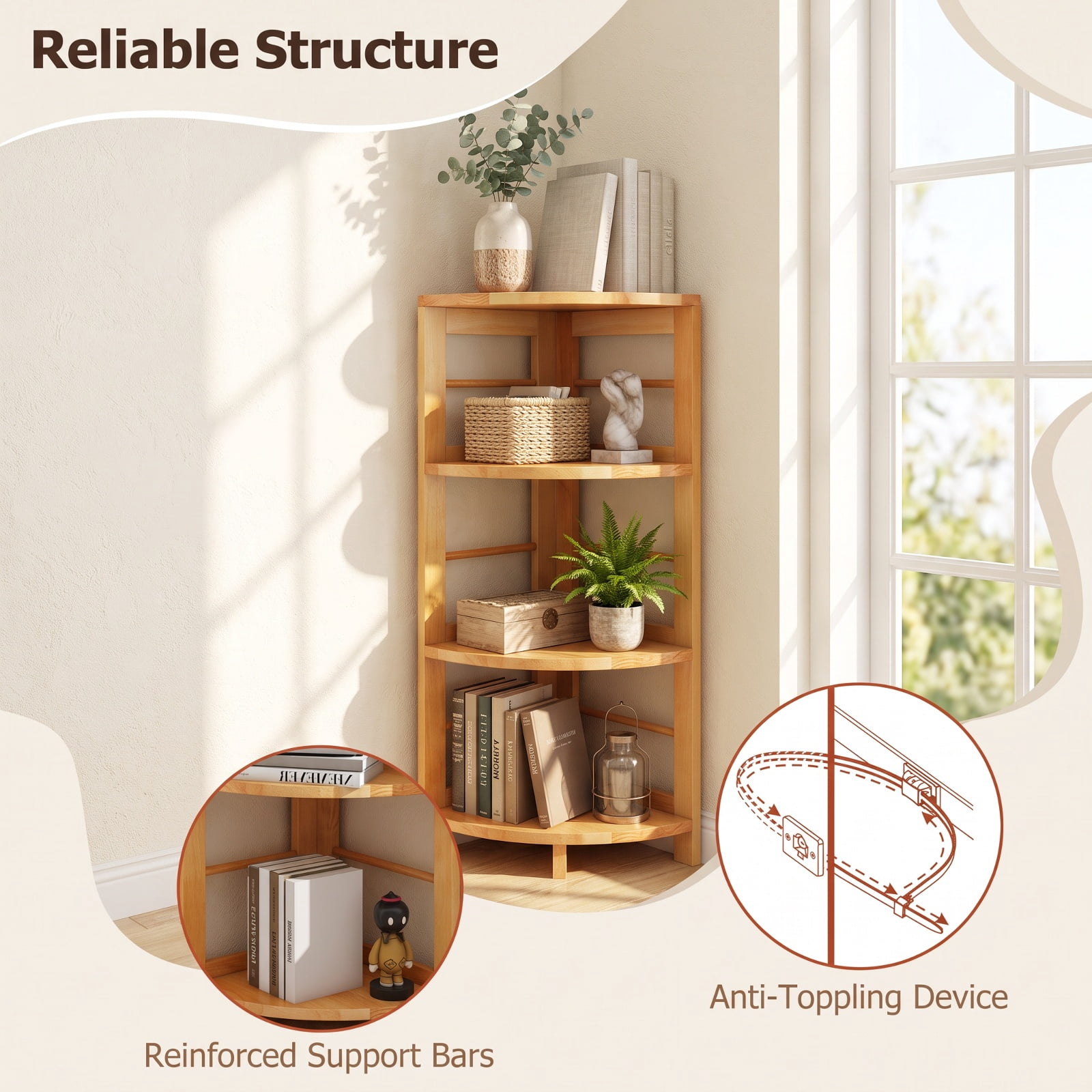 Furnibear 4-Tier Corner Shelf with Rubber Wood Frame and Anti-Toppling Kit for Living Room Home Office Bedroom Display Storage Shelf, Natural