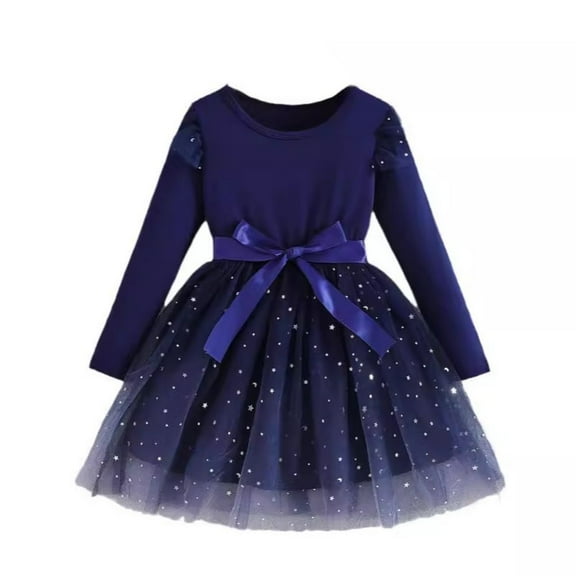 GYRATEDREAM Infant Baby Girls Sequin Tulle Dress Crewneck Long Sleeve Mesh Dress Party Holiday Princess Dress with Bow Belt Toddler Spring Fall Clothes Blue for 6 Months-3 Years