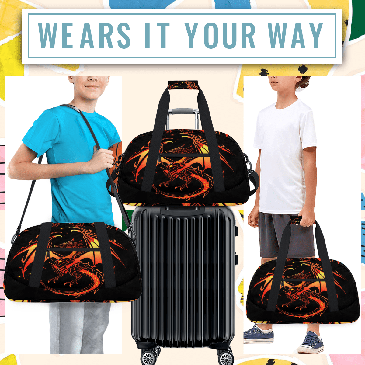 Herdesigns Funny Dinosaur Sports Duffle Bag for Women & Men, Cool Dinosaur Gym Bag Dance Bag Overnight Bag Carry On Weekender Travel Bag