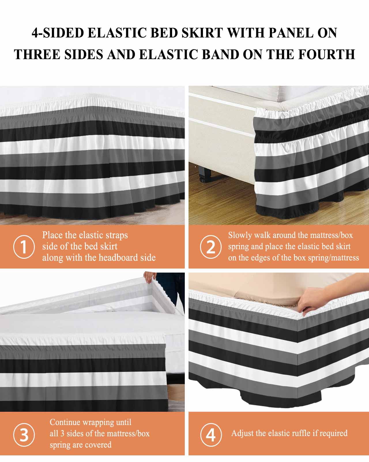 Grey Black White Striped Wrap Around Bed Skirts for Queen Bed 16" Drop, Bed Skirt with Adjustable Elastic Belt Dust Ruffle Bed Valance for Bedroom Hotel Luxury Farmhouse Stripes Bed Frame Cover