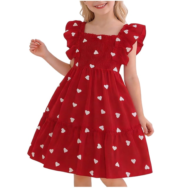 Ashirexll Robe de Mode pour Filles Polyester Spandex Motif Cœur Sans Manches Manches Volantées Col Rond Bordeaux 9-10 Ans