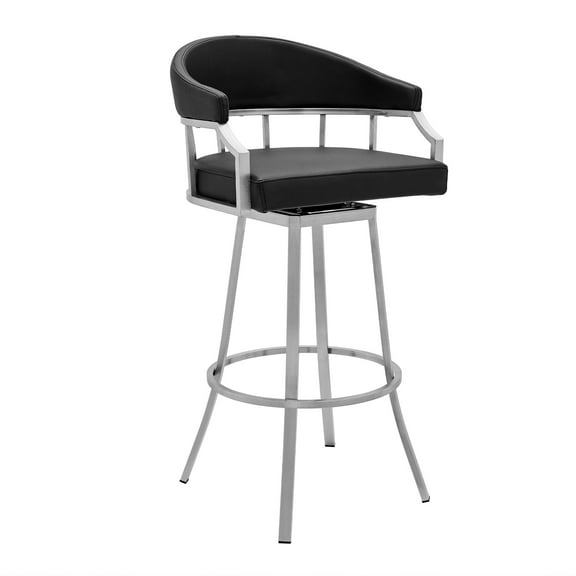 Palmdale Swivel Modern Black Faux Leather 26" Barstool in Brushed Stainless Steel Finish