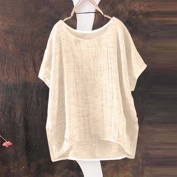 Womens Linen Tops Lightweight Linen Blouses For Women 3/4 Sleeve Crewneck Shirts Peasant Blouse Gauze Shirts Oversized Linen Shirts For Women Cotton Boho Tops Summer Linen Tops Beige L
