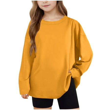 ZACPNCV Girls Oversized Long Sleeve T-Shirt Crew Neck Basic Casual Top Soft Breathable Kids Hip Hop Loose Fit Casual Streetwear Pullover D-Orange