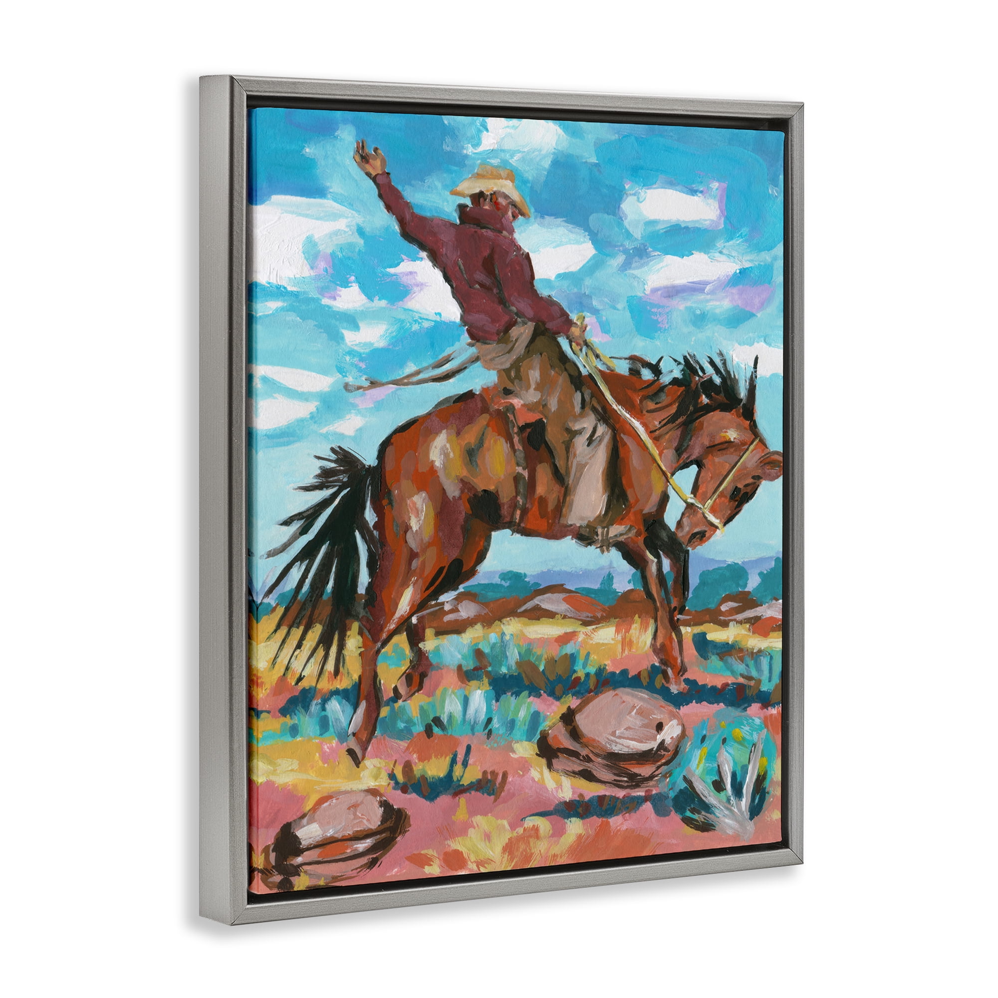 Stupell Industries Cowboy on Rearing Horse Animals Painting Gray Floater Framed Canvas Art Print Wall Art, 17 x 21