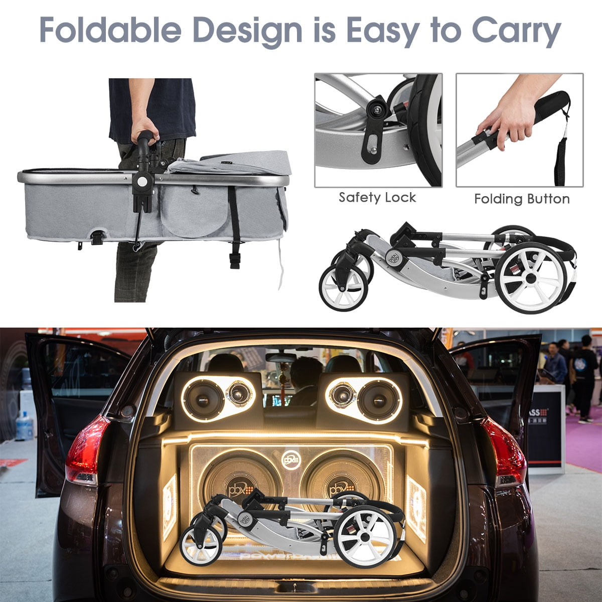 Infans Folding Aluminum Infant Reversible Baby Stroller W/ Diaper Bag Grey