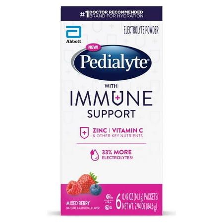 Pedialyte Immune Support Electrolyte Powder, with 33% More Electrolytes, ZINC and Vitamin C, Mixed Berry, Electrolyte Drink Powder Packets, 0.6 Oz (6 Count)