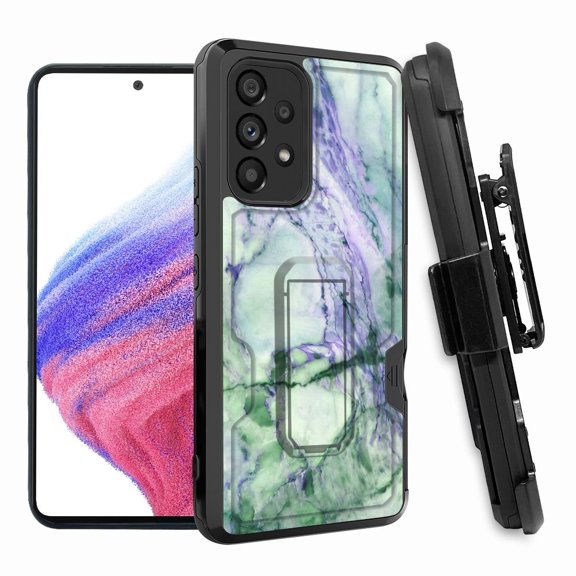 ANJ  Rugged Shockproof Hoster Case w/Card Slot, Kickstand   Tempered Glass Cover for Samsung Galaxy A33 5G - Green Marble Pattern