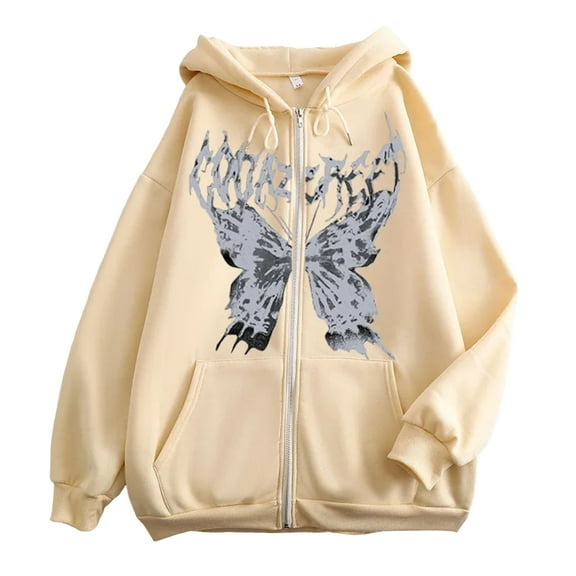 zaveiop Women Zip up Oversized Hoodie Skeleton Butterfly Gothic Emo Grunge Jacket Alt Graphic Baggy Dark Academia 90s (Khaki, S)