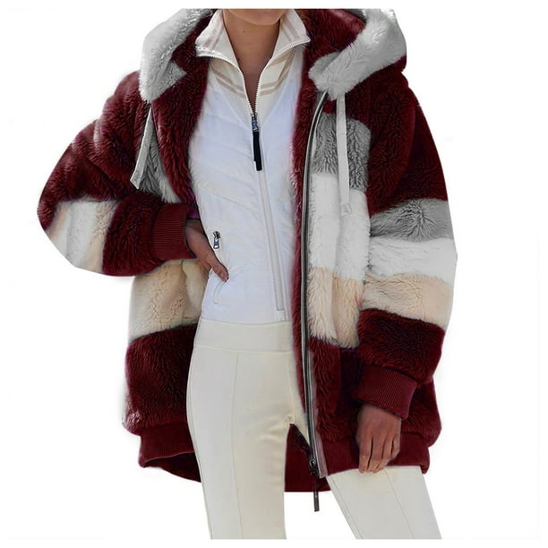 Follure Women Coats Ladies Winter Hooded Top Loose Long Sleeve Jacket Plush Coat With Zipper Patchwork Red Xl Com Women Coats Ladies Winter Hooded, Womens Hooded Peacoat Small Size Xlt