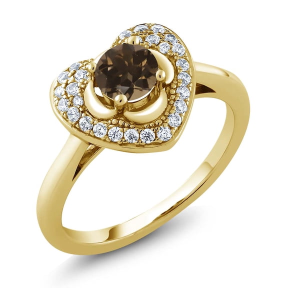 Gem Stone King Round Brown Smoky Quartz 0.73 Ct 18K Yellow Gold Plated Silver Heart Ring (Size 5)
