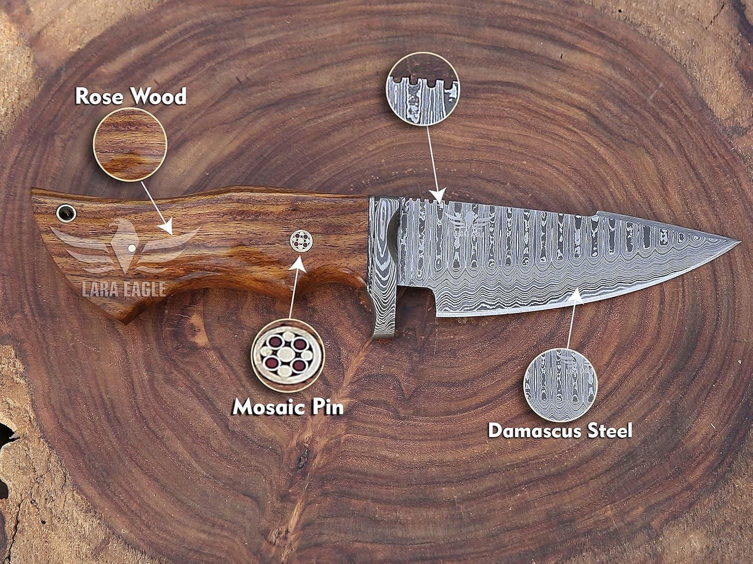 Lara Eagle Bobcat Fixed blade Skinning Knife for Camping, Handmade damascus Hunting Knifves with Leather Sheath, Size 10" sharp outdoor knife