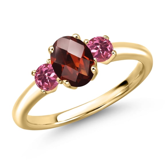 Gem Stone King 10K Yellow Gold Red Garnet and Pink Tourmaline Engagement Ring for Women | 1.30 Cttw | Oval Checkerboard 7X5MM | Gemstone January Birthstone | Size 5