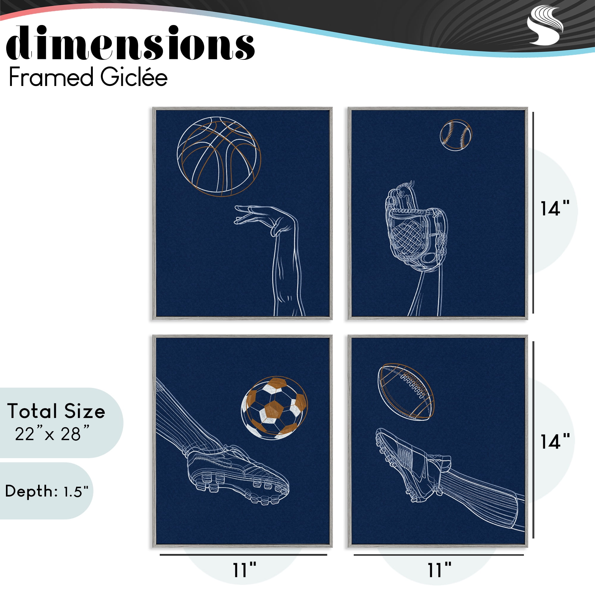 Stupell Industries Sports In Action Contour 4 Piece Gray Framed Giclee Art Set, design by Marcus Prime