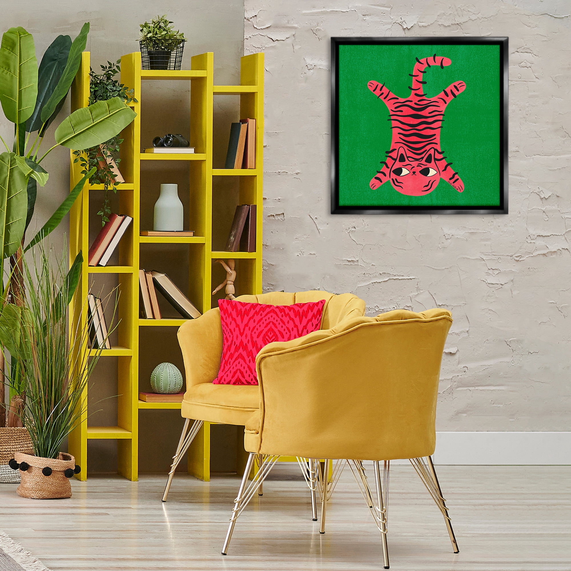 Stupell Industries Funky Retro Cat Pink Animals Painting Black Floater Framed Canvas Art Print Wall Art, 25 x 25