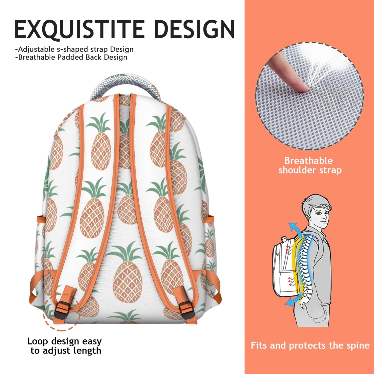 Pineapple Print College Backpack – Roomy & Durable for Books & Laptop, Cute Yet Professional, Great for Campus Life & Commuting, Fun Gift Idea