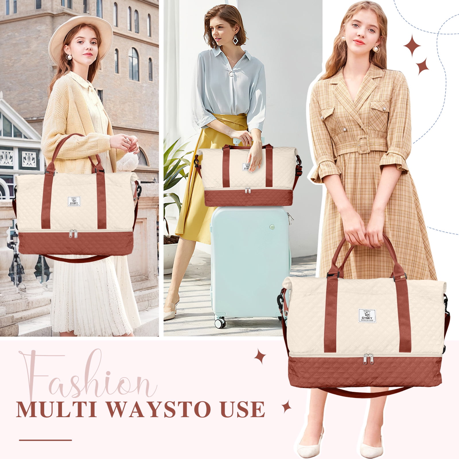 Gynky Travel Duffle Bag Weekender Bags for Women with Shoe Compartment Carry on Overnight Bag Gym Duffel Bag with Wet Pocket Hospital Bags for Labor and Delivery