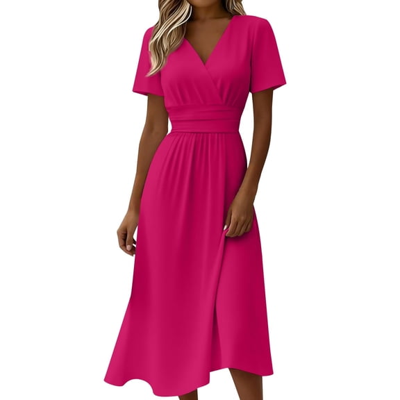 Efsteb Summer Dresses for Women Elegant Wrap V-Neck Short Sleeve Casual A-Line Dress with Elastic Waist Flowy Dress for Occasion (Hot Pink,M)