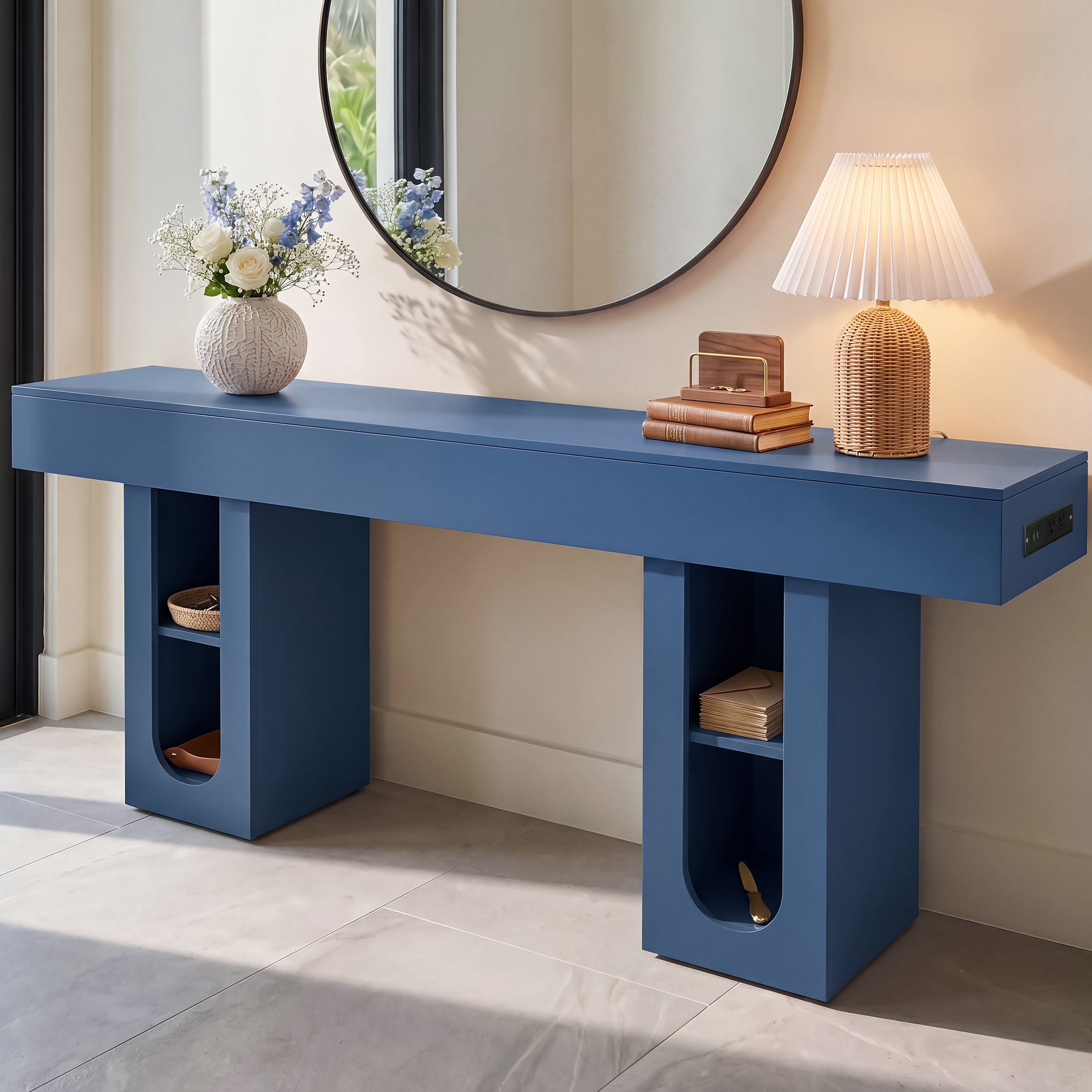 Mintazer 71" Modern U-Shaped Console Table with Charge Station, Entryway Table with Storage Shelves, Sofa Table for Entryway Hallway Living Room, Blue