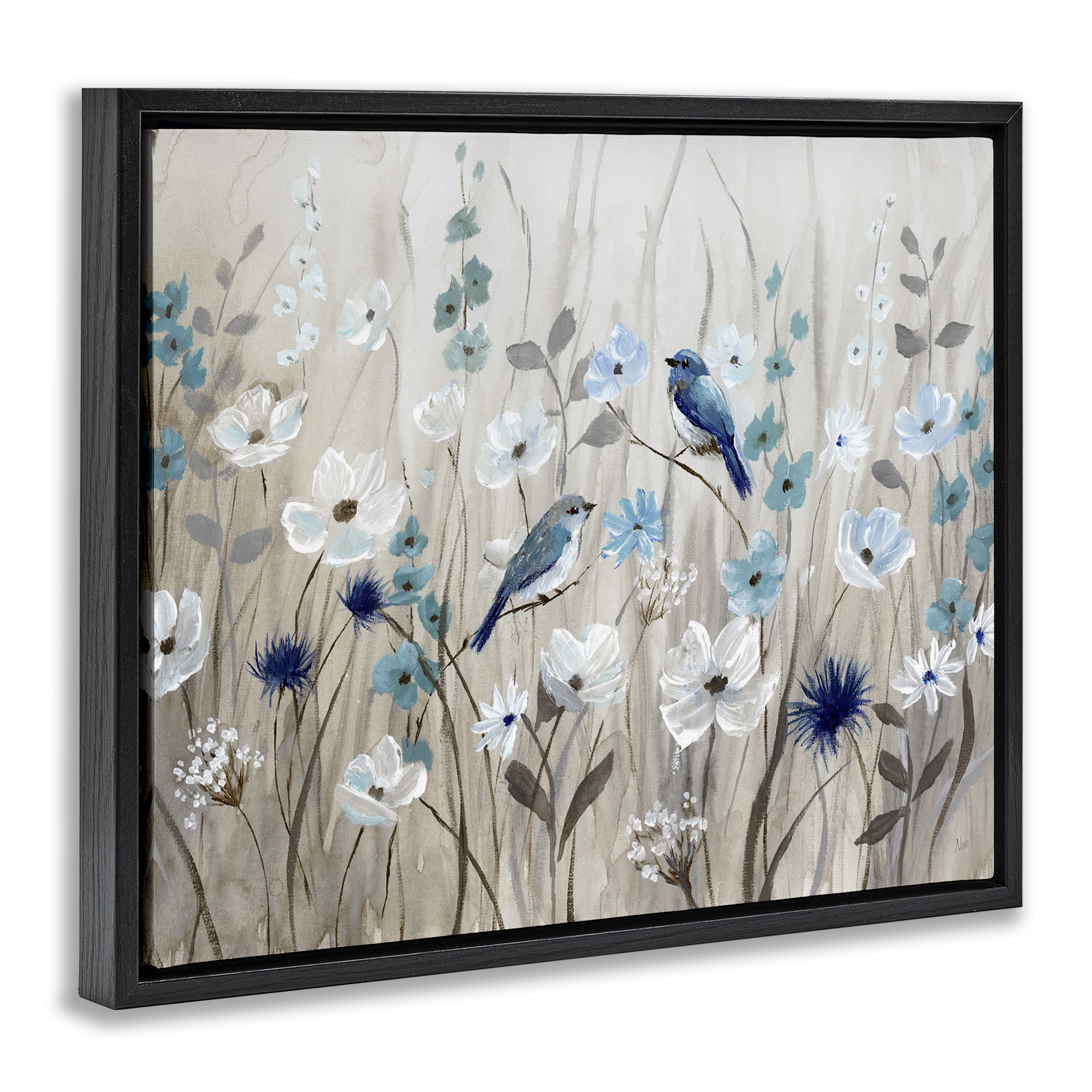 Stupell Industries Birds Floral Meadow Blossoms Botanical & Floral Painting Black Floater Framed Canvas Art Print Wall Art, 31 x 25