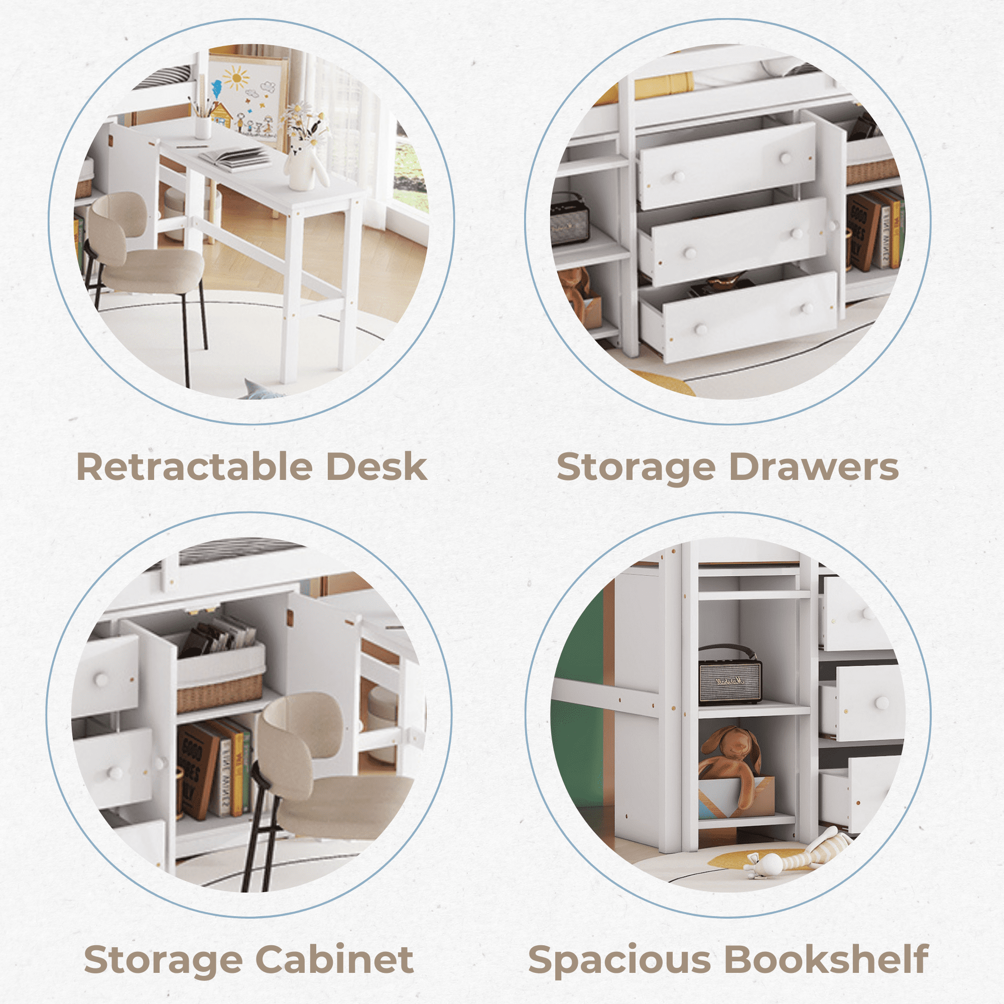 Euroco Wood Twin Size Loft Bed Frame with 3 Drawers, Portable Desk and Shelves for Kids