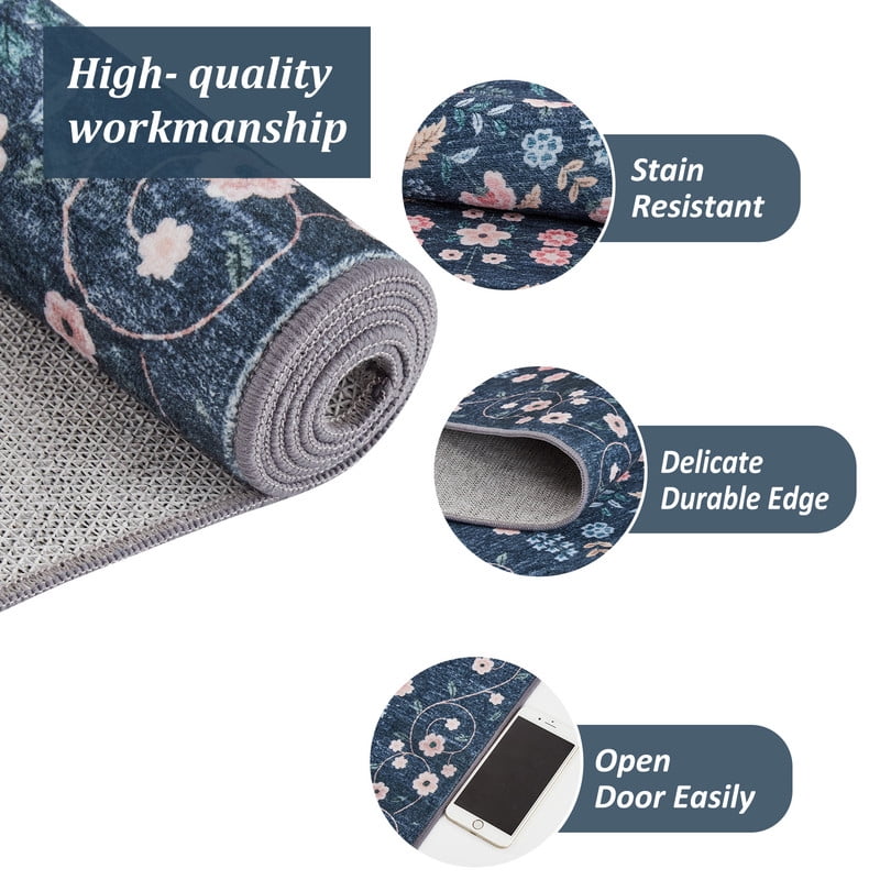 Area Rugs 10'x13' Washable Floral Rugs for Living Room Non Slip Low Pile Carpet for Office Bedroom Kids Room Bedside Black