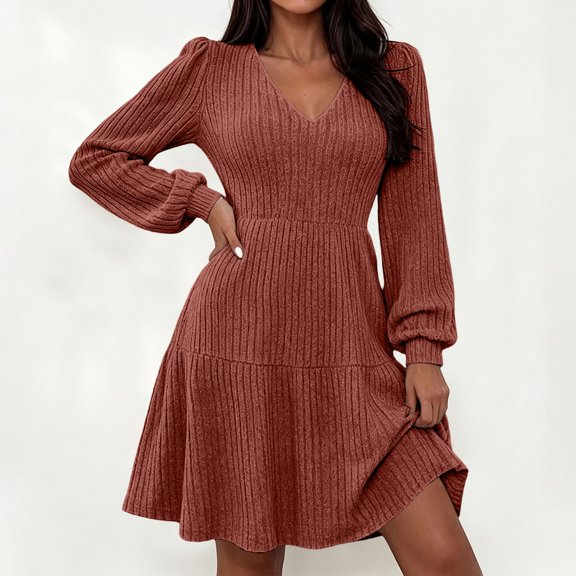 Karymi Sundress Brushed Ribbed Knit Mini Dress Deep V Neck Lantern Long Sleeve High Waist Flared Ruffle Hem Casual Fall Short Dress