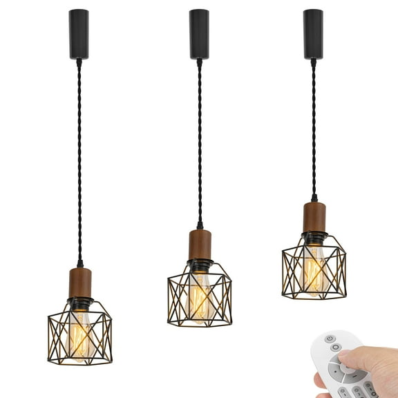 KAYYELAMP 3-Pack H-Type Track Mount Remote Dimmable Lighting Walnut E26 Base Black Cage Metal Shade 3.2Ft Adjusted Cord Vintage Pendant Light for Kitchen Dining Table Loft(No Track)