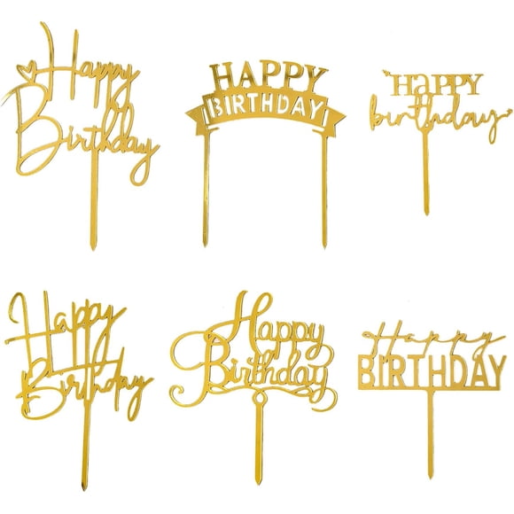 Adorno para tartas Hazyore Gold Happy Birthday, acrílico, 6 unidades