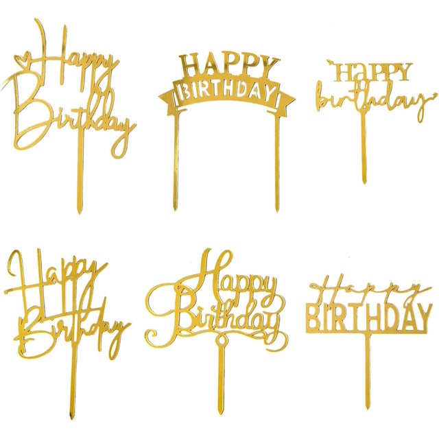 Adorno para tartas Hazyore Gold Happy Birthday, acrílico, 6 unidades
