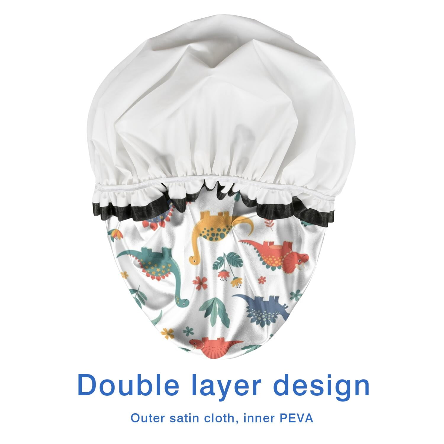 Shower Caps,White Dinosaurs Plants Mushrooms Pattern Waterproof Shower Cap for Women 4 Pieces,Double Reusable Hair Cover for Shower PEVA Elastic Stretch Hem