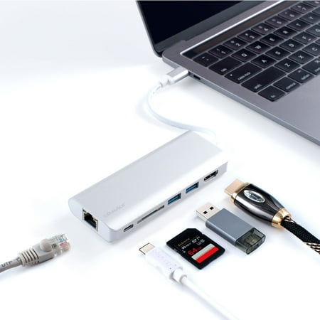 Macbook Ethernet + Usb Hub BasAcc USB Type-C to HDMI 4K Output Adapter + USB-C Type-C Charging Port + 2 USB 3.0 Ports 5Gbps + Gigabit Ethernet 1000Mbps + SD Memory Card Reader for New Macbook Chromebook Pixel ()