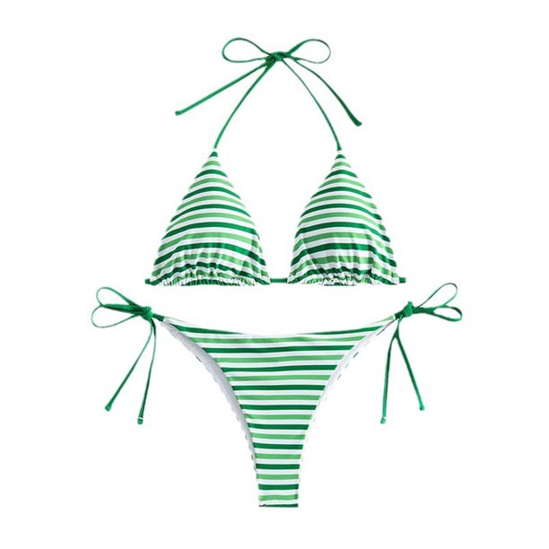 Guardurnaity de niña con top triangular y cuello halter, braguita estampada, traje de baño de piezas. Tejido suave, perfecto para viajar. conjuntos de ropa Rayas verdes S