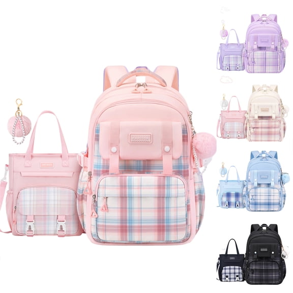 2Pcs Cute Backpack Set for Girls Kids Large Capacity Lightweight Bookbag for Elementary Middle School Students Waterproof Preppy Plaid Daypack
