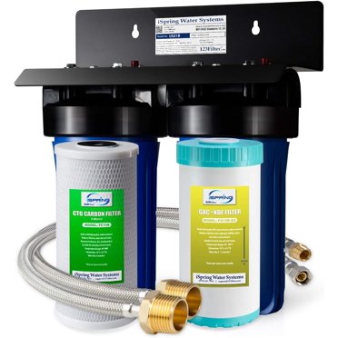 iSpring US21B Heavy Duty 2-Stage Undersink Water Filtration System with 10” x 4.5” GAC KDF and CTO Carbon Block Filters, 1” Ports