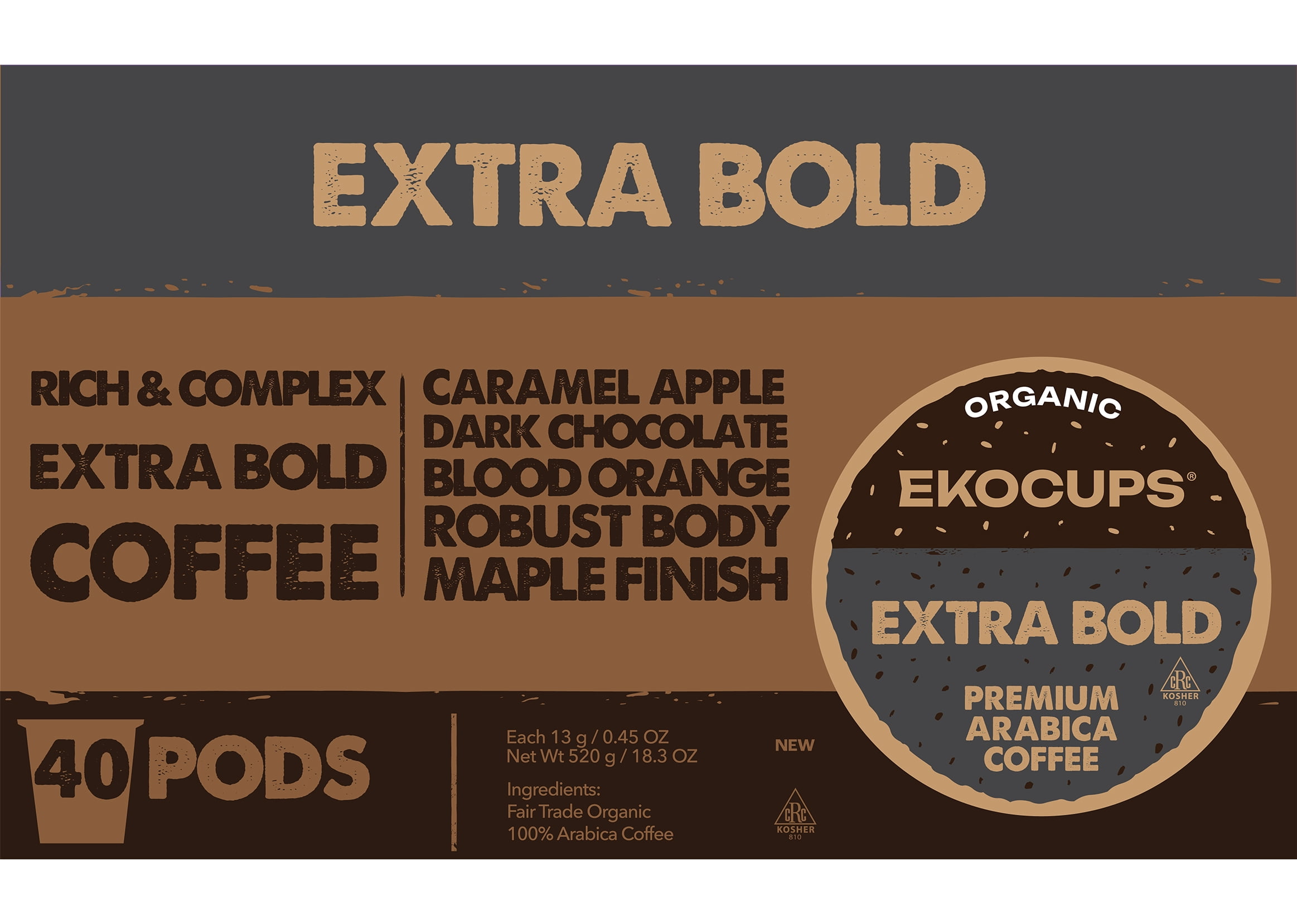 EKOCUPS Organic Extra Bold Coffee Pods Medium Roast 40 Count for Keurig K Cups Machines