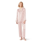 SIORO Womens Silky Satin Pajamas Set Sleepwear Loungewear Button Down Pijamas Long Sets, Shell Pink, Small