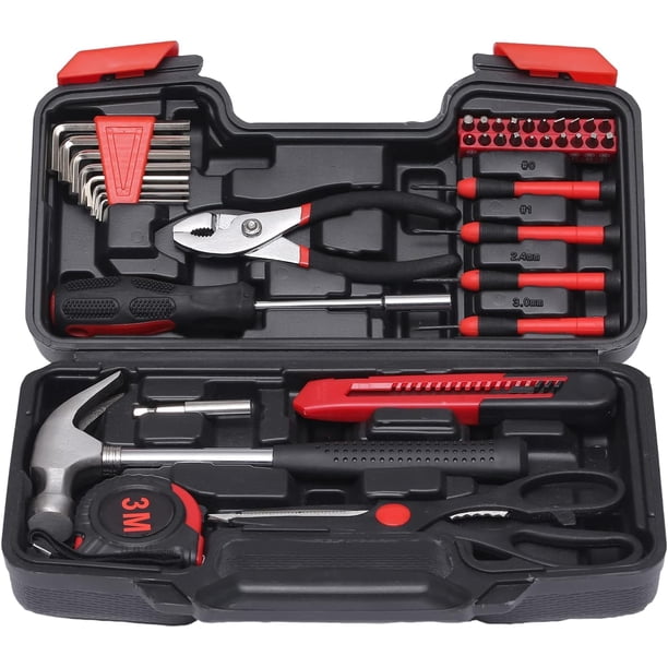 Timotech Kit de Herramientas para el Hogar, Caja para Herramientas de 39 piezas, Herramientas Pequeñas para el Hogar con Caja de Plástico, Ideal para Estudiantes Universitarios,