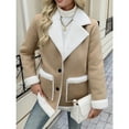 thumbnail image 6 of Juebong Women Oversized Sherpa Lined Jacket Faux Suede Fleece Shearling Coat Winter Warm Biker Aviator Jacket Overcoat Khaki,L, 6 of 7