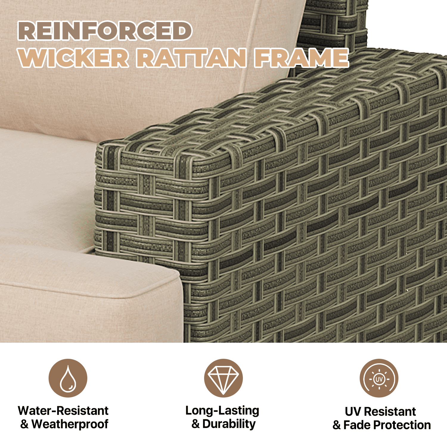 BaPiPro 9-Piece Outdoor Rattan Modular Patio Sofa Set with Thick Beige Cushions, Multi-Use Ottoman and Easy-Clean Coffee Table for Garden and Patio Leisure Use