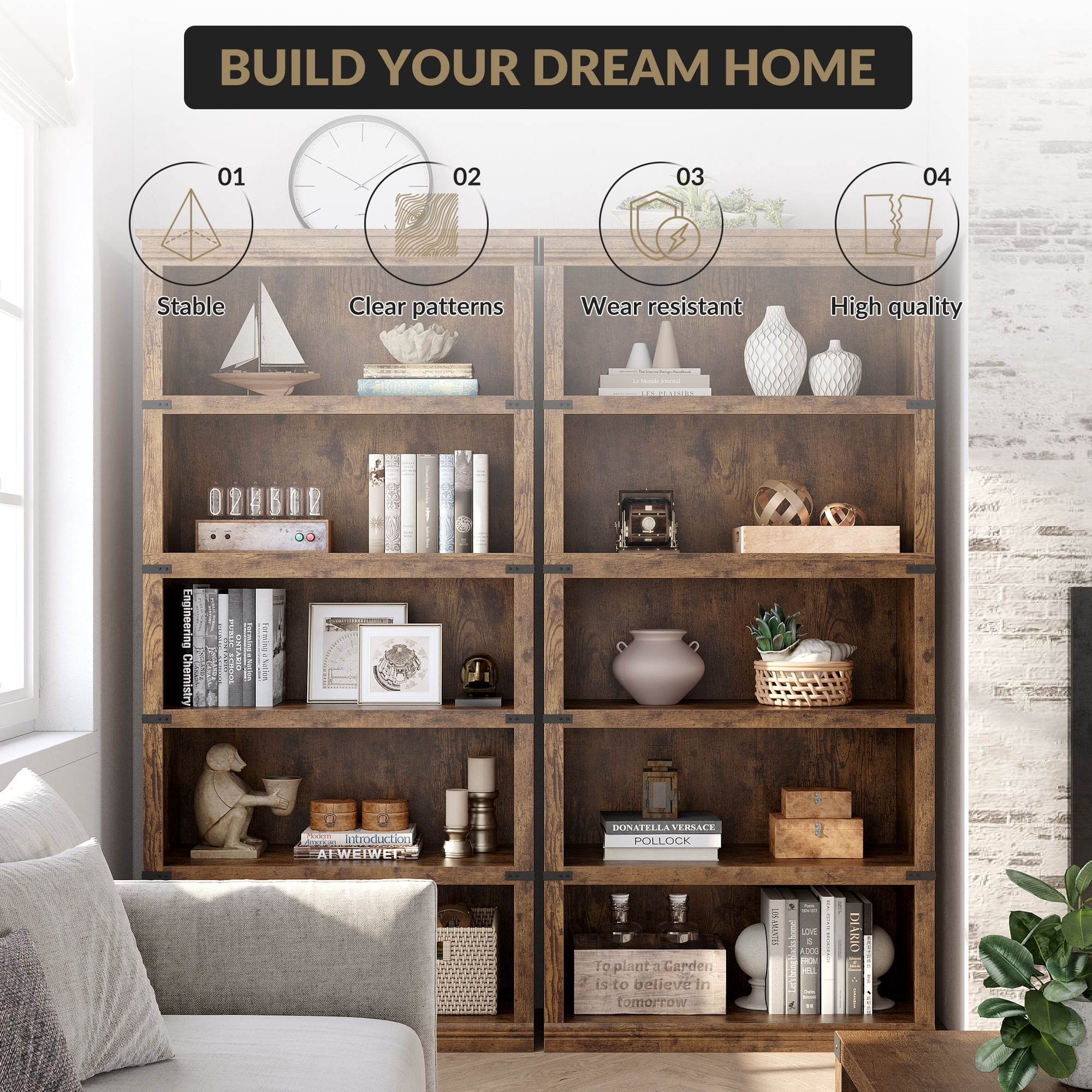 Goldensoil 67" Tall 5 Shelf Wood Bookcase,Farmhouse Floor Standing Display Storage Shelves,Retro