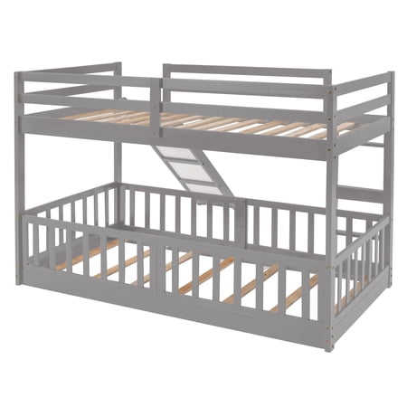 Dcenta Twin Over Twin Bunk Bed with Slide and Ladder  Gray
