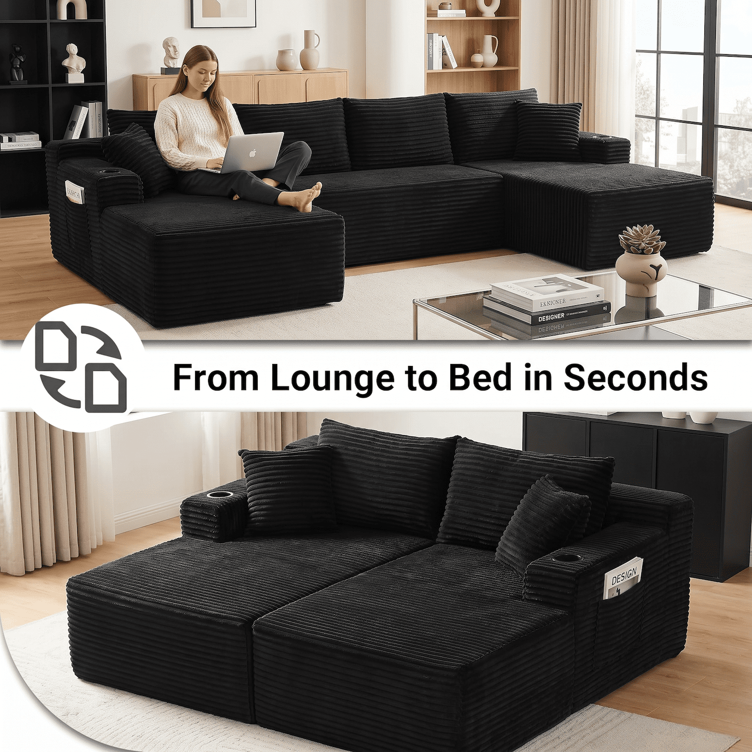 Xiweot Cloud Couch Modular Sectional Sofa for Living Room, 134" Oversized U Shaped Boneless Couch with Cup Holder & Storage Pocket, Corduroy Comfy Upholstered Deep Seat Sofa for Apartment, Black