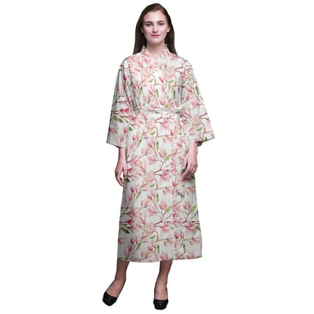 

Bimba White Floral Leaves & Saucer Magnolia Long Robes For Women Printed Bride Getting Ready Bridesmaid Robes Cotton Bathrobes S