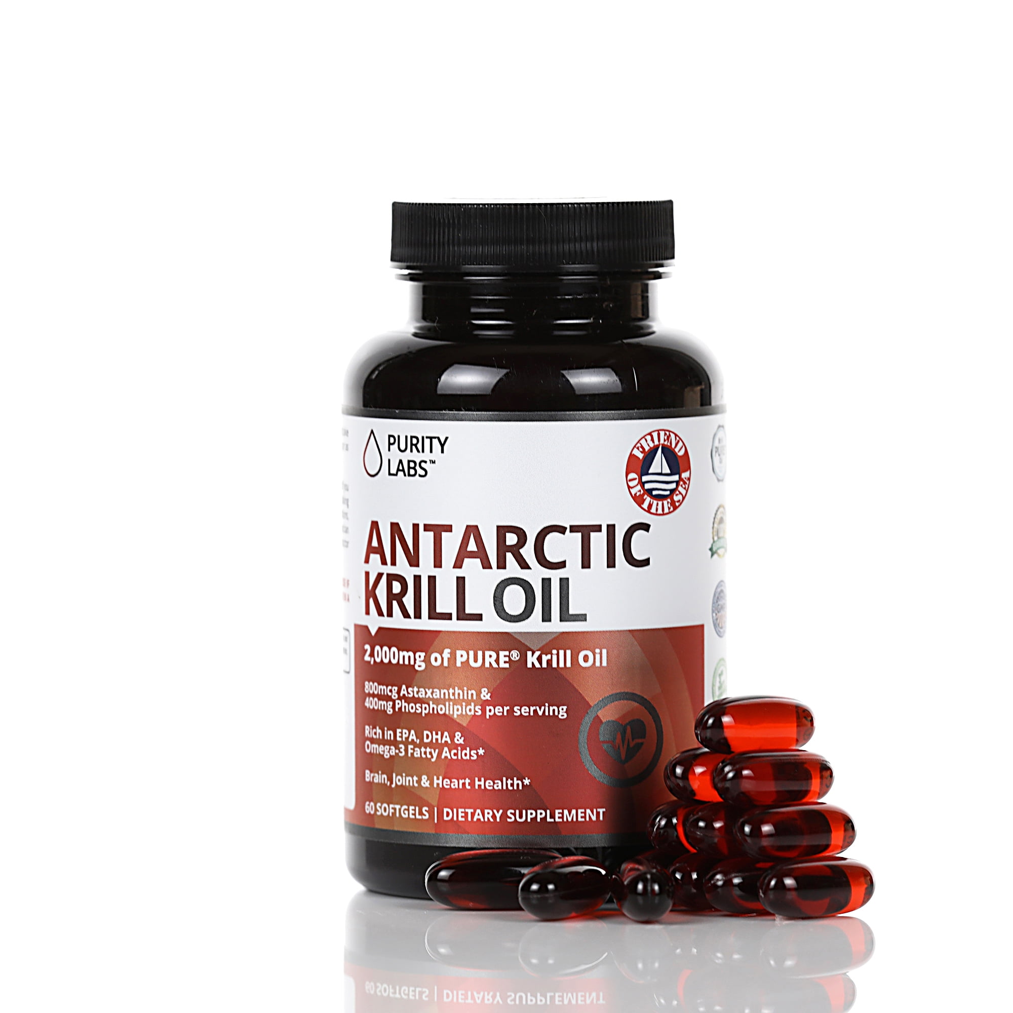 Purity Labs Antarctic Krill Oil - With Astaxanthin & Phospholipids - 60 Softgels - Omega 3 EPA & DHA