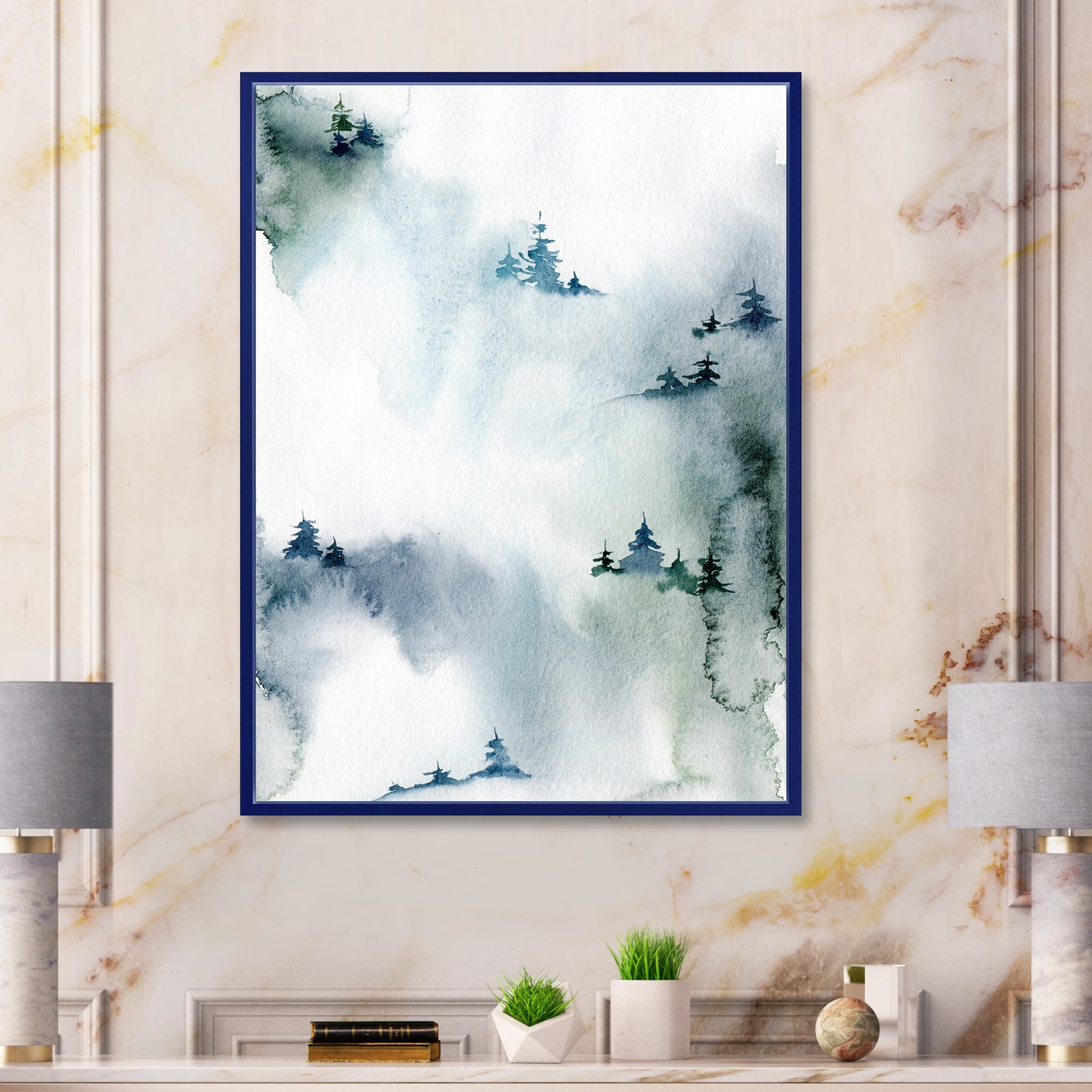 Designart 'Minimalistic Snowy Fir Trees With Winter Forest' Modern Framed Canvas Wall Art Print